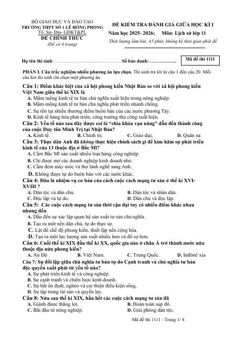 Đề thi Giữa kì 1 Lịch sử 11 năm 2025-2026 trường THPT số 1 Lê Hồng Phong (Đắk Lắk)
